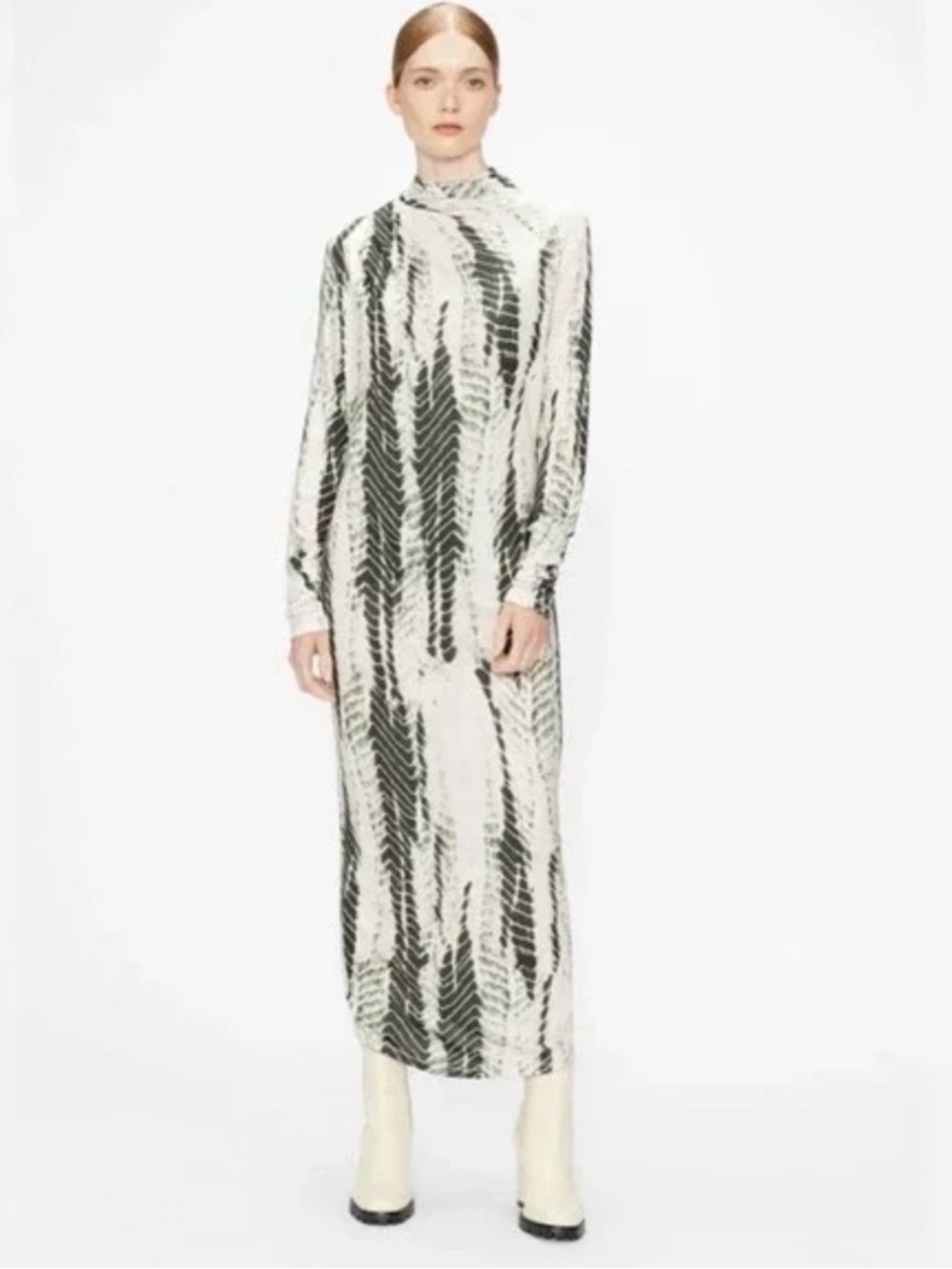 Ted Baker High-Neck Long Sleeve Printed Maxi Dress in Dark Green & White tie dye